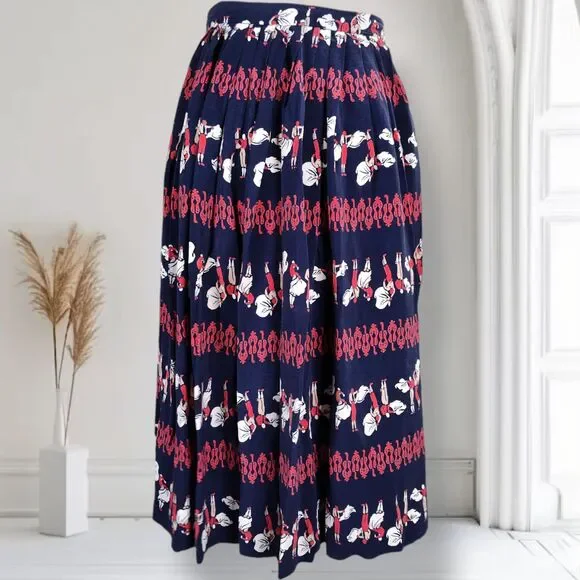 Vintage 50s Full Novelty Print Skirt Size XS Blue Silk Bullfighter Print